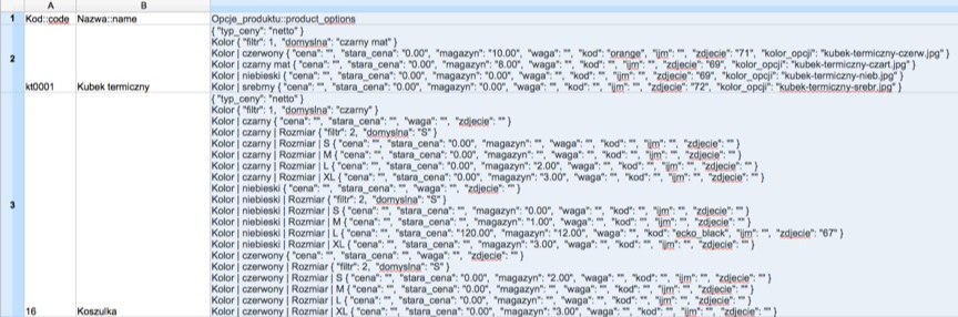 Product options column in CSV file