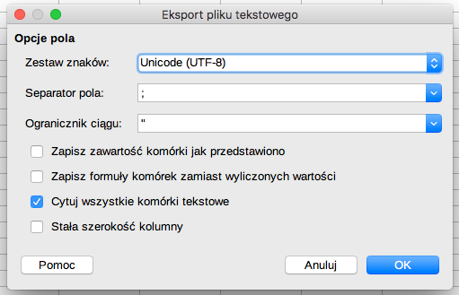 Ustawienia filtra pliku CSV w LibreOffice