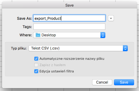 Opcje zapisywania pliku CSV w LibreOffice