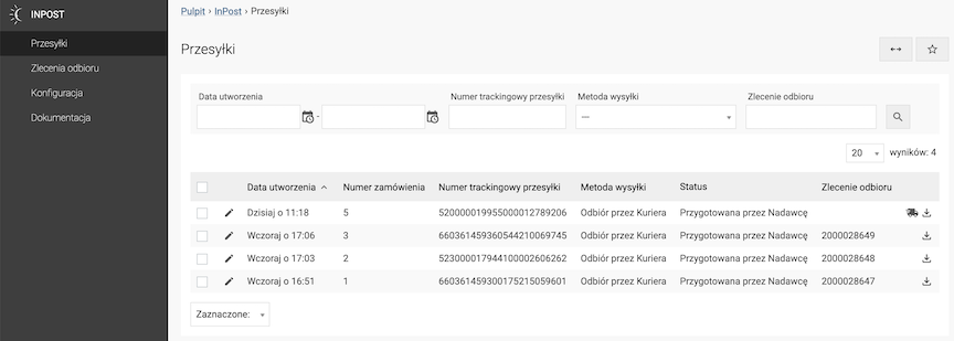 Lista wysłanych paczek InPost