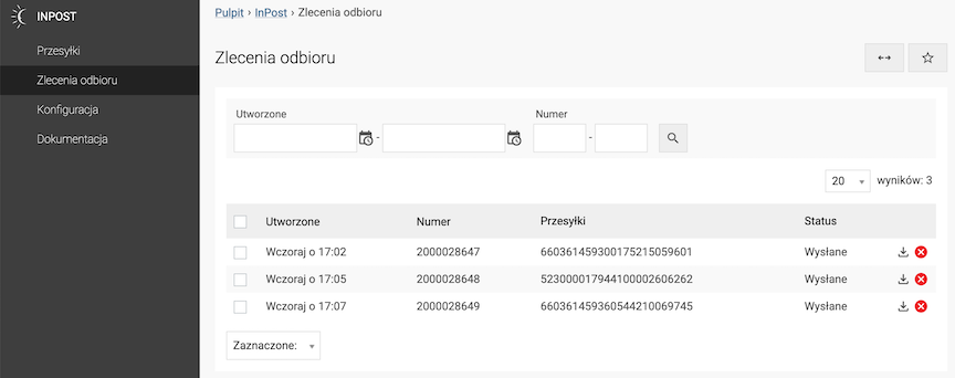 Lista zleceń odbioru InPost
