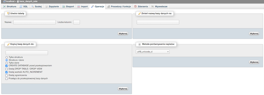 Menu operacji na bazie danych w panelu PHPMyAdmin