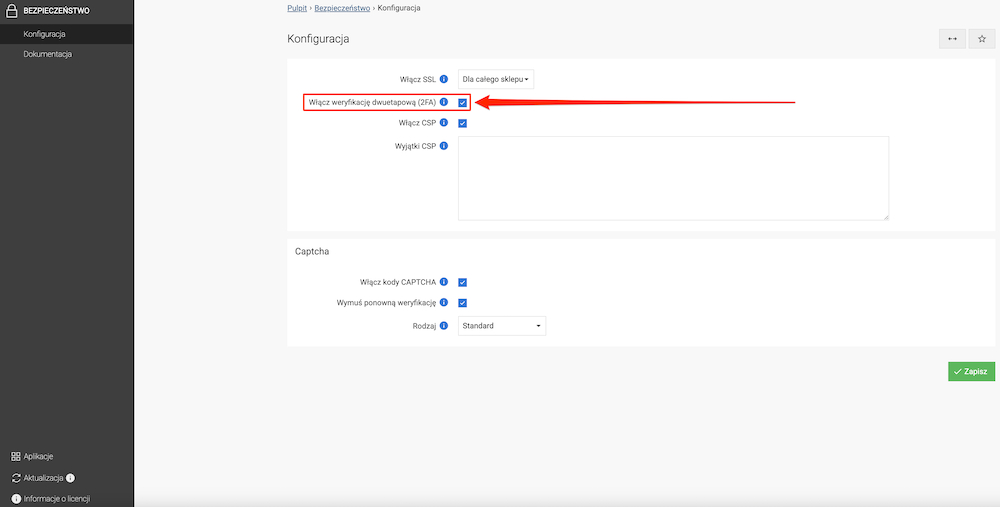 Enabling two-factor authentication for customer accounts in the Security module