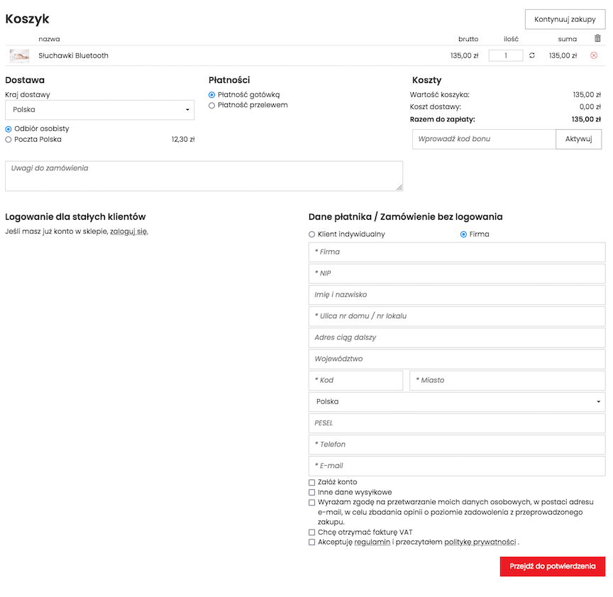 Customer data form in the basket