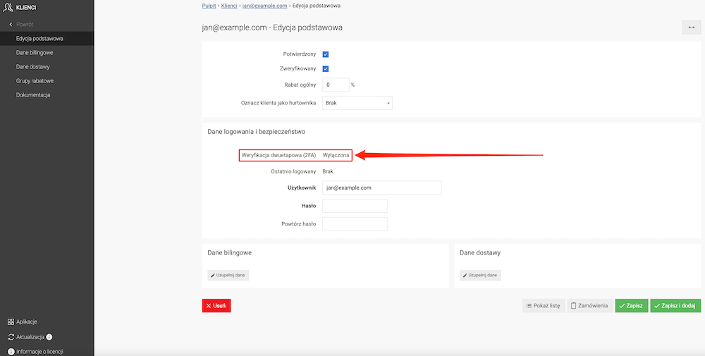 Two-factor authentication status in the customer settings
