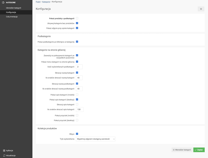 Categories module configuration