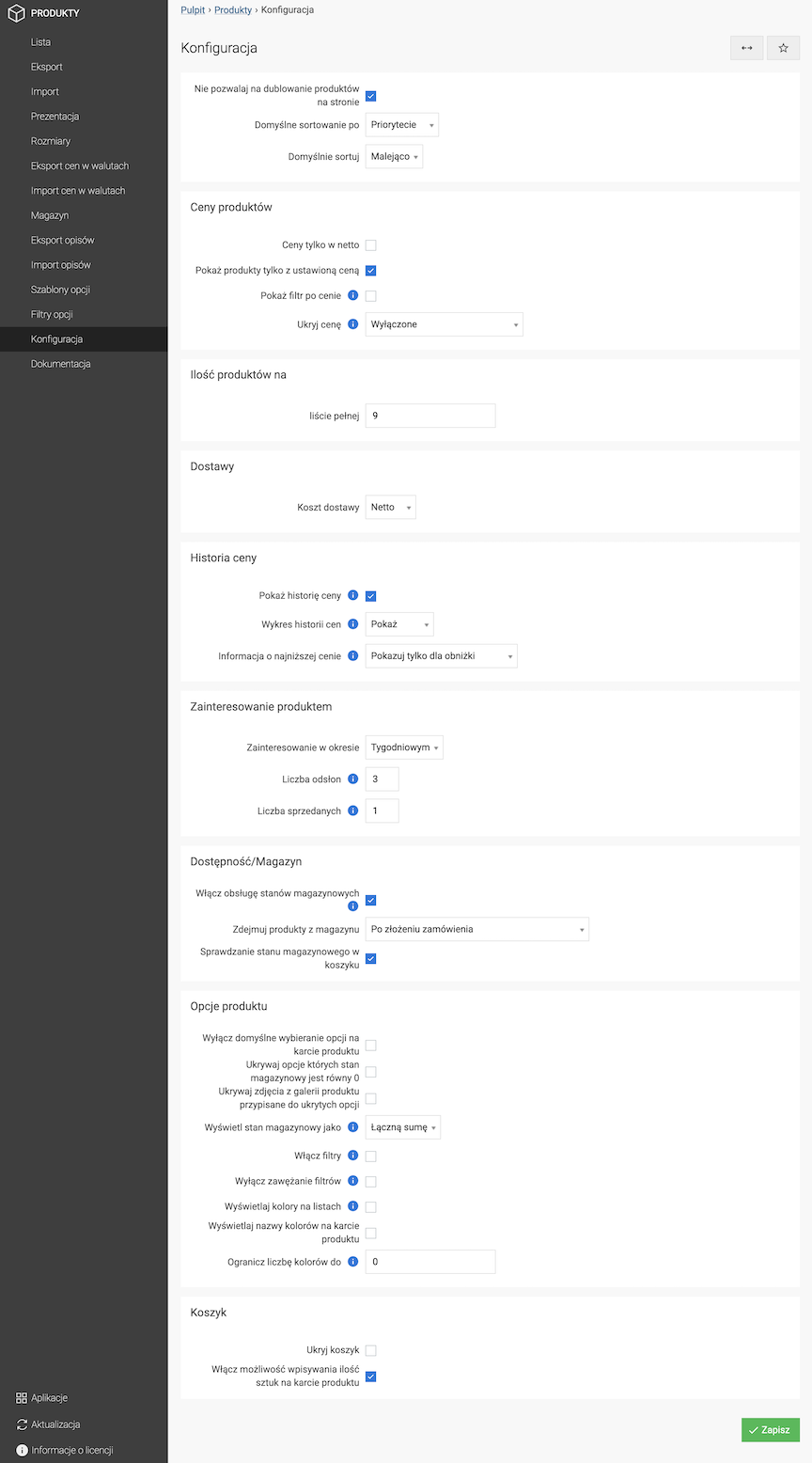 Product configuration in the store panel