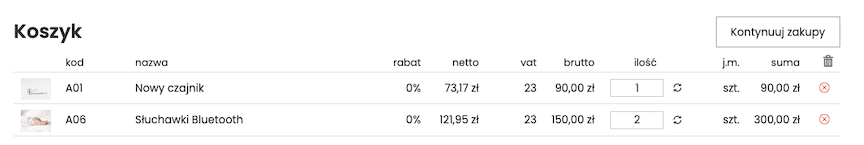 Wygląd produktów w koszyku w sklepie
