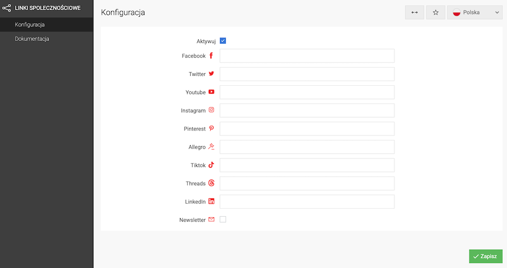 Konfiguracja linków społecznościowych