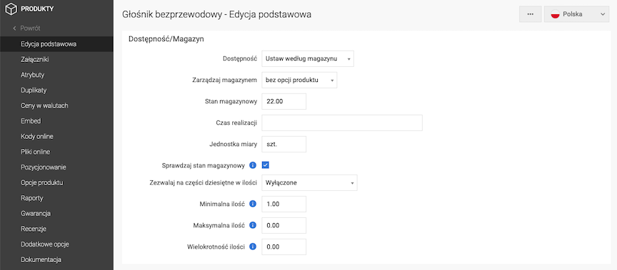 Edycja podstawowa produktu - sekcja Dostępność/Magazyn