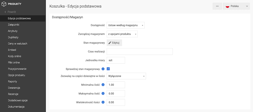 Edycja produktu z opcjami, sekcja Dostępnośc/Magazyn