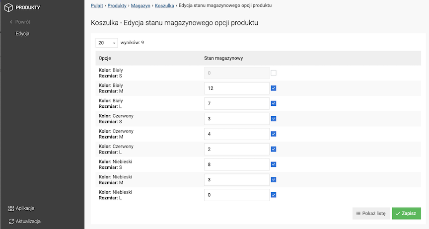 Edycja stanu magazynowego opcji