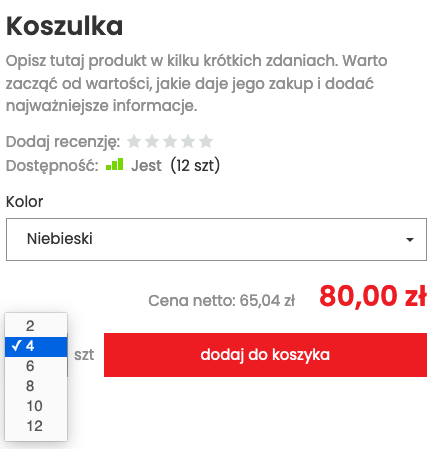 Wielokrotność ilości na przykładzie produktu z opcjami