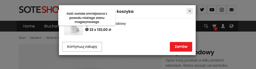 Komunikat w sklepie, jeśli klient wrzuci za dużą ilość produktu do koszyka.