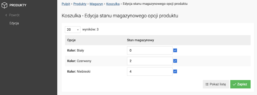 Edycja stanu magazynowego opcji produktu - kolory