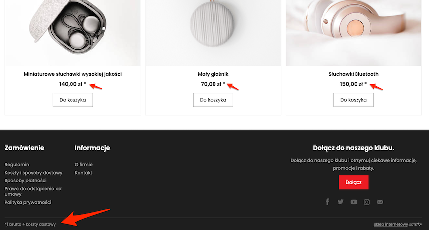 Dodatkowa informacja, że cena jest ceną brutto + koszty dostawy
