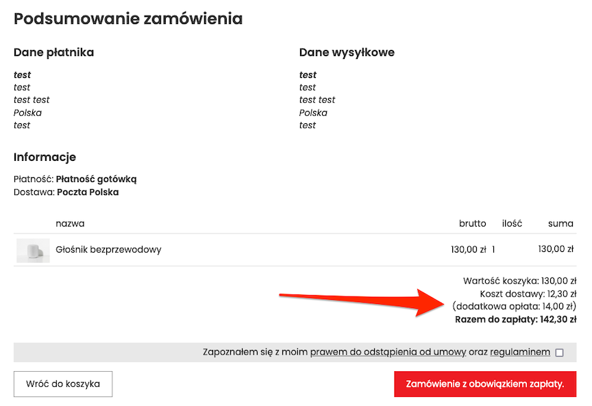 Additional costs for payment in the cart