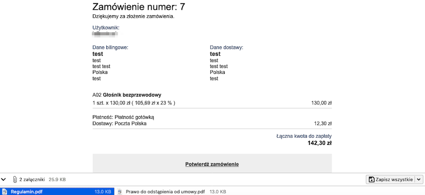 E-mail z zamówieniem z plikami PDF