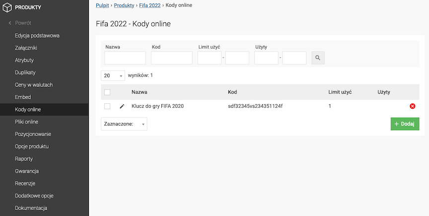 Dodanie kodu online do produktu w panelu sklepu