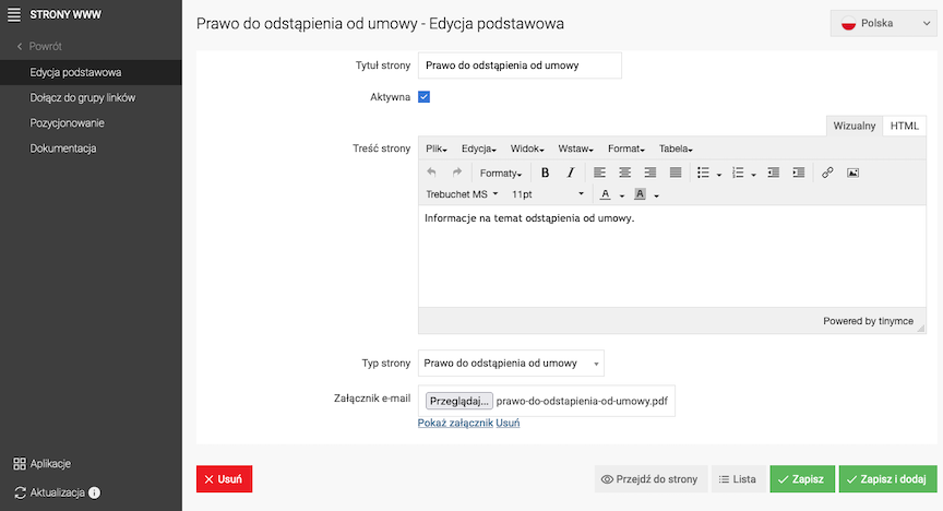 Dodanie prawa do odstąpienia od umowy w formacie PDF