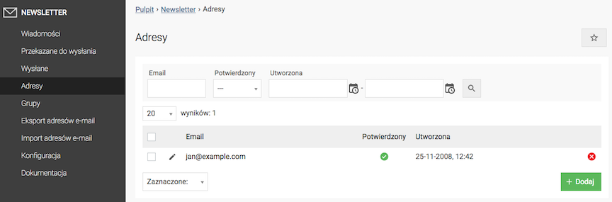 Adresy e-mail w bazie newsletter