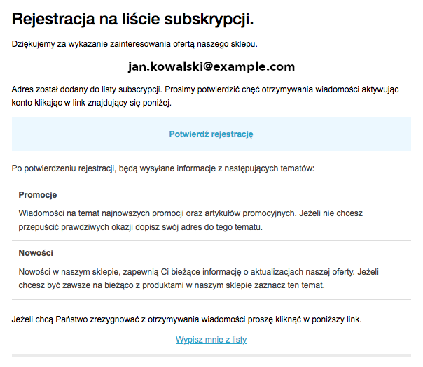 E-mail z prośbą o potwierdzenie zapisania się do Newsletter