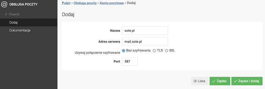 SMTP server configuration in the panel