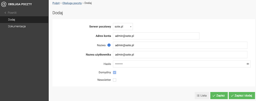 Configuration of mail account in the panel