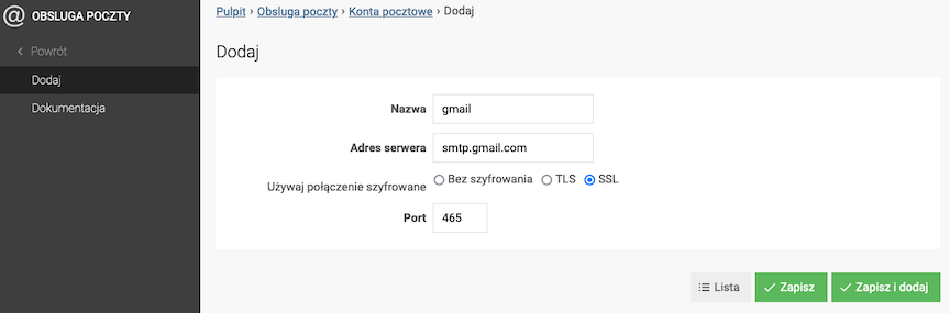 Konfiguracja serwera SMTP Gmail w panelu sklepu