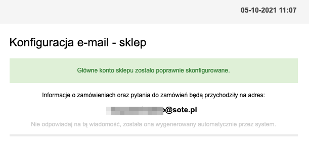 E-mail potwierdzający poprawną konfigurację pocztyw sklepie