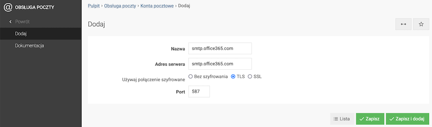 Konfiguracja serwera Office365 w panelu sklepu