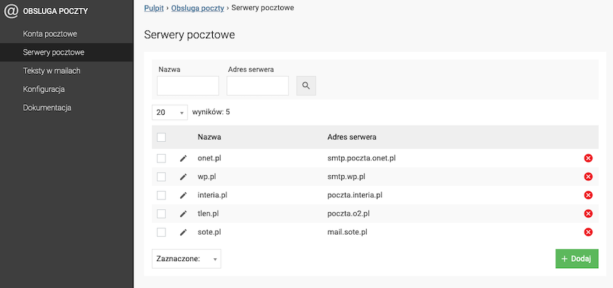 Servers list in the panel