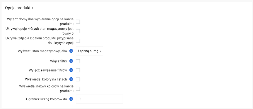 Product options settings in product configuration