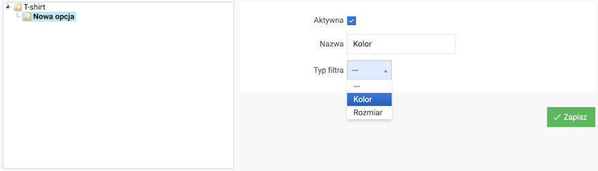 Selecting a product option filter