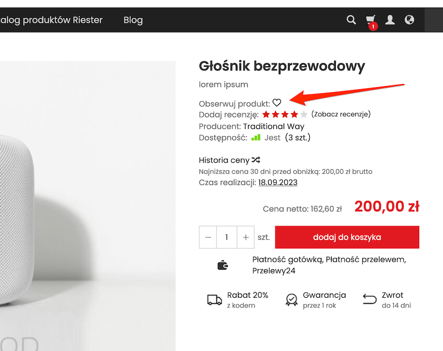 Karta produktu z ikonką obserwowania produktu