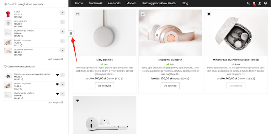 Panel boczny z produktami obserwowanymi i ostatnio przeglądanymi