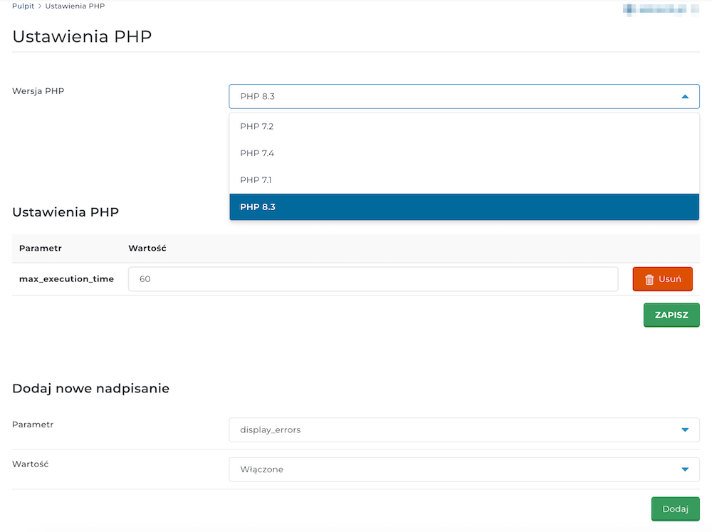 Wybór wersji PHP