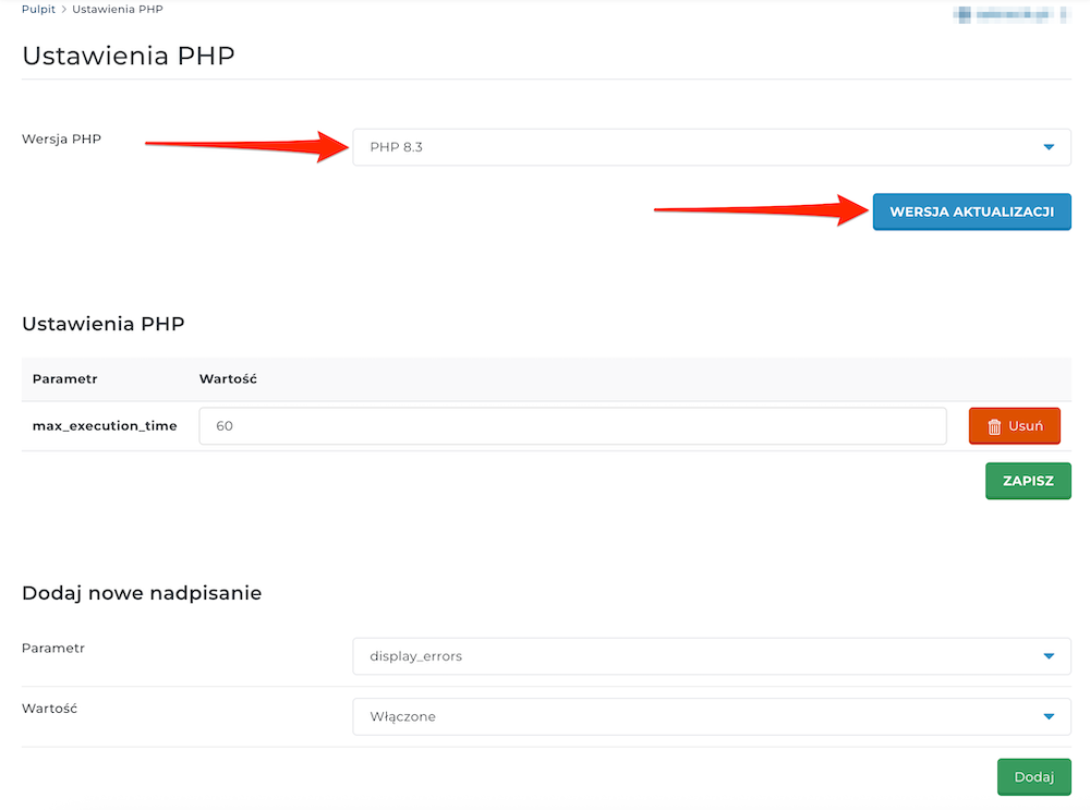 Aktualizacja wersji PHP