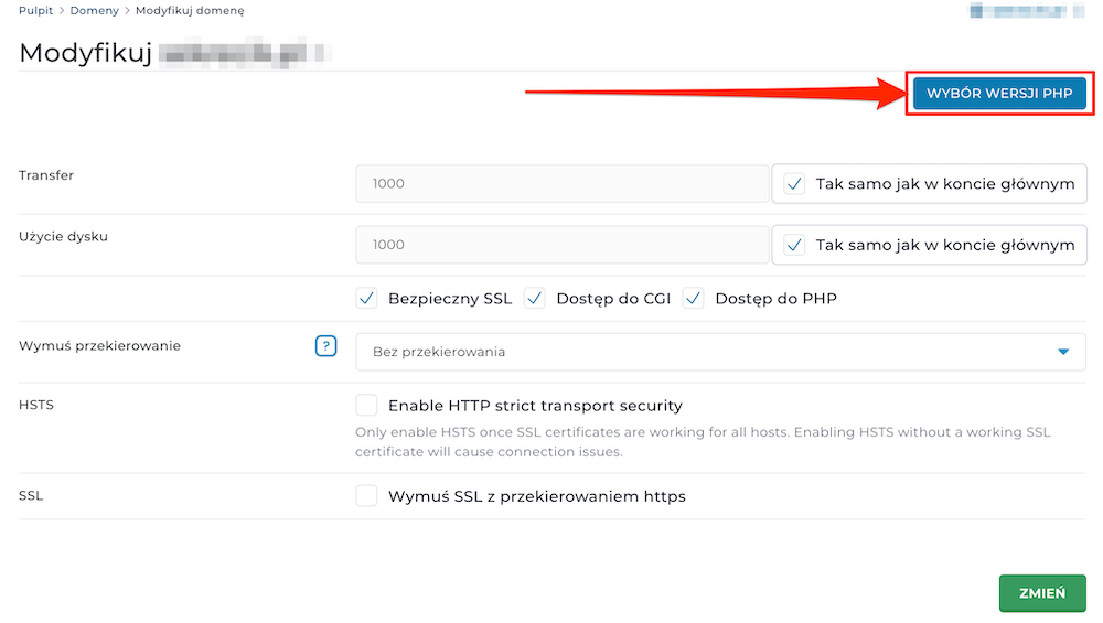 Wybór wersji PHP