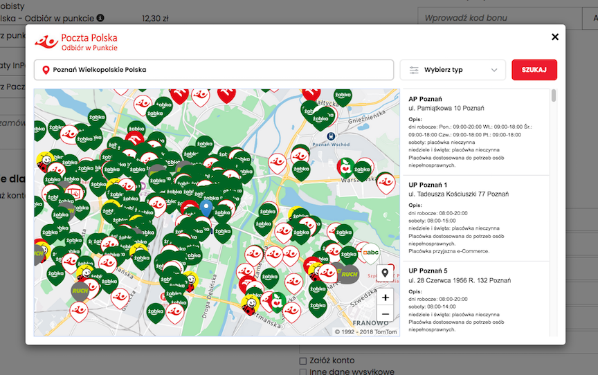 Mapa punktów odbioru w koszyku