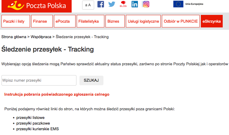 Tracking page from Poczta Polska