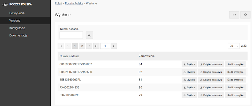 List of sent packages from Poczta Polska