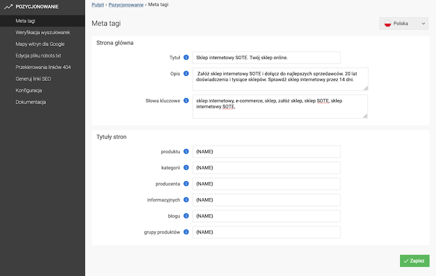 Positioning setting meta tags