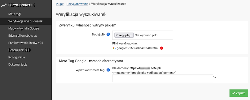 Weryfikuj witrynę dla wyszukiwarek