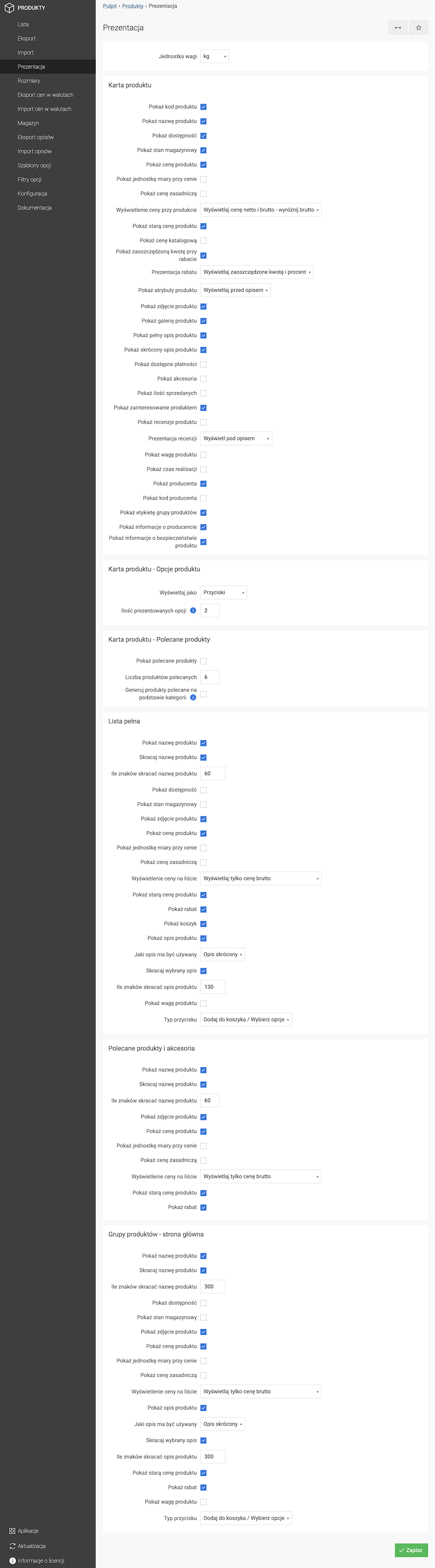 Product presentation configuration