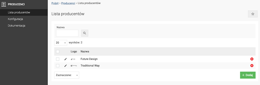 Manufacturers list in the store panel