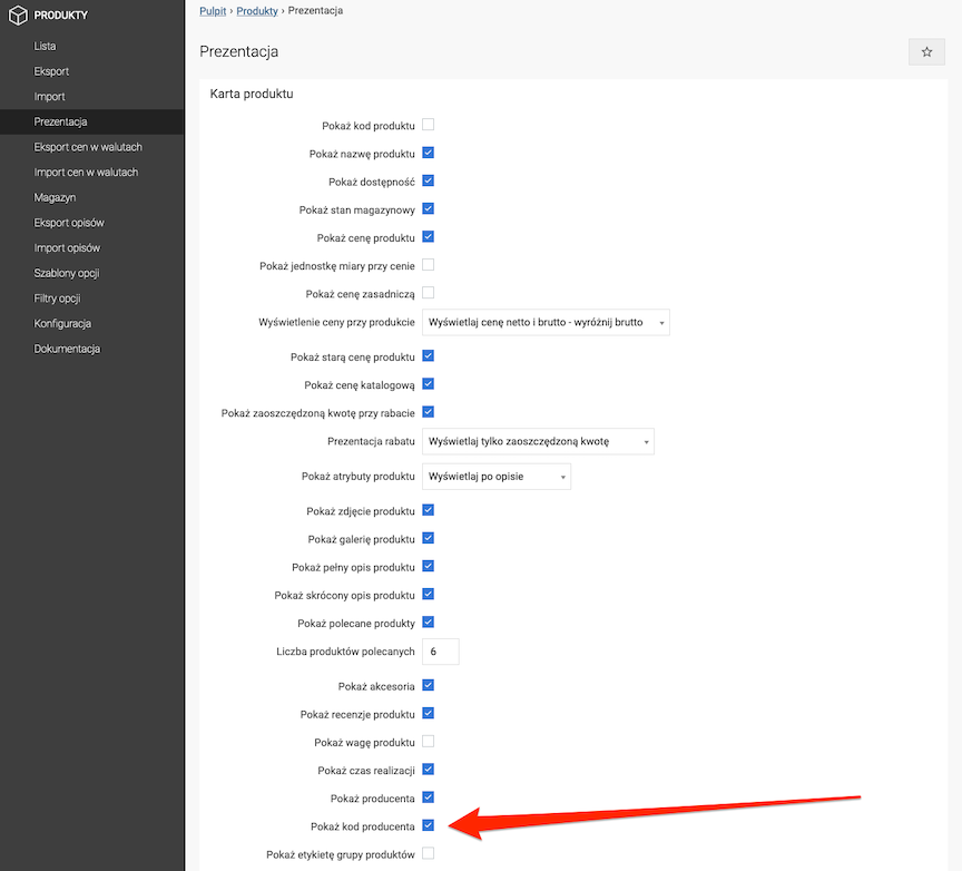 Enabling the display of the manufacturer code on the product card