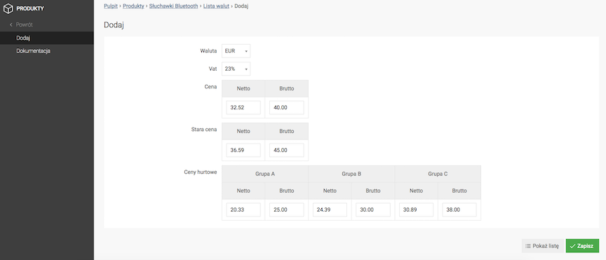 Editing a product price in another currency