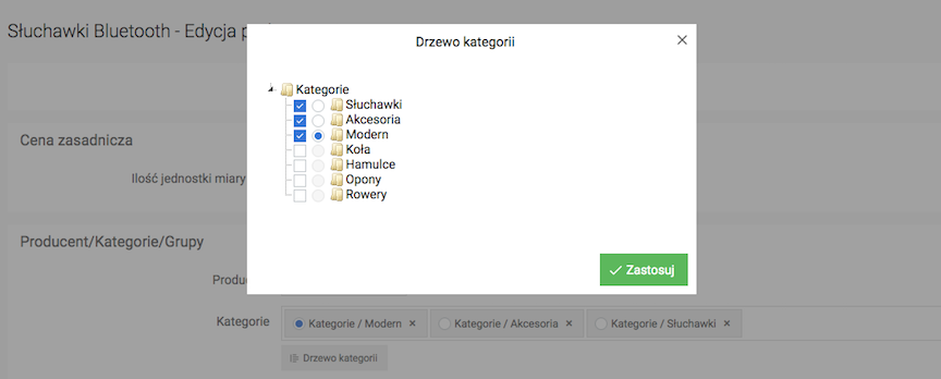 Category selection window in product edit