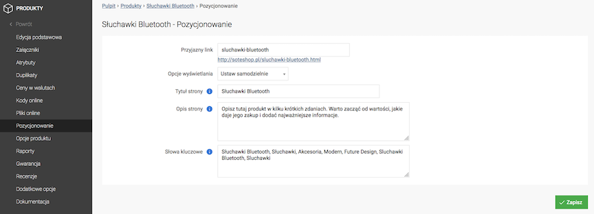 Product positioning settings